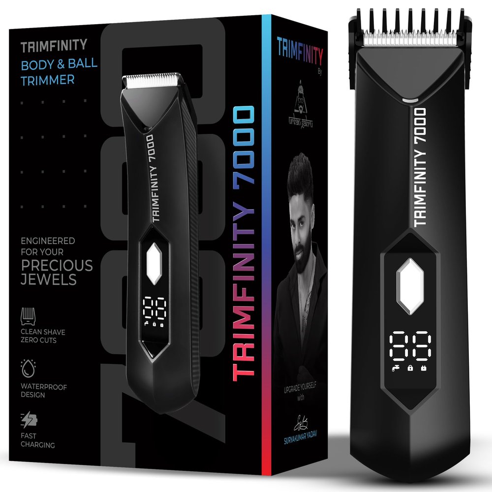 urbangabru Trimfinity 7000 Body Trimmer for Men | Safest Body & Ball Trimmer | Waterproof, Ceramic Blades, Cordless, Rechargeable | Wireless Fast Charging, Travel Lock