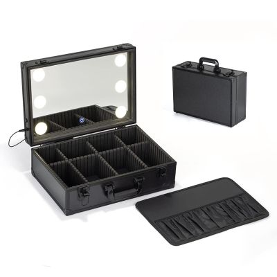 Black Travel Makeup Bag With LED Mirror,Travel Make Up Bag Vanity Organiser Beauty Train Case, Cosmetic Case, Hard Vanity Case, Make Up Box, Beauty Case Organiser Case With Adjustable Compartment cosm