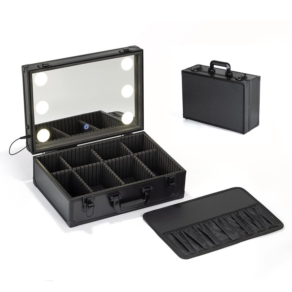 Black Travel Makeup Bag With LED Mirror,Travel Make Up Bag Vanity Organiser Beauty Train Case, Cosmetic Case, Hard Vanity Case, Make Up Box, Beauty Case Organiser Case With Adjustable Compartment cosm