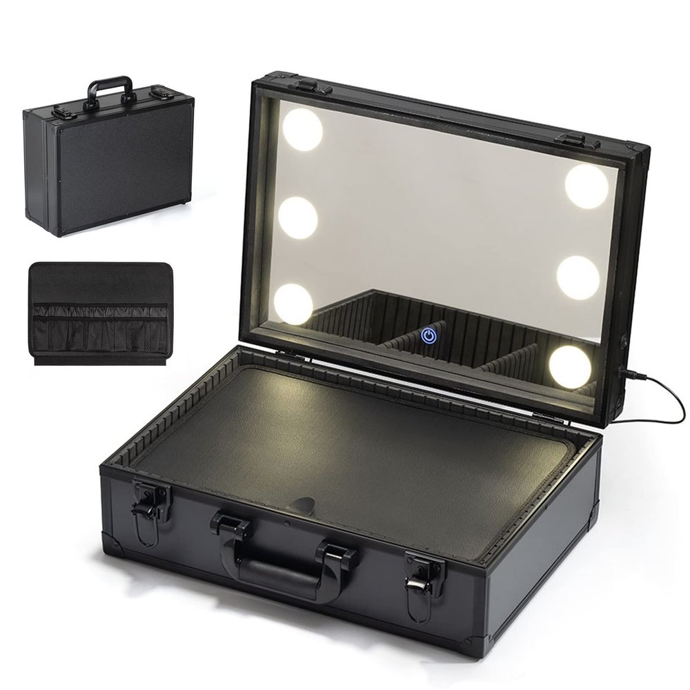 Cosmetic Case Portable Travel Makeup Train Case Beauty Box, Organizer Portable Artist Storage Bag, Professional Make-up Case With Intelligent LED Light Cosmetic Case With Mirror, Black cosmetic case