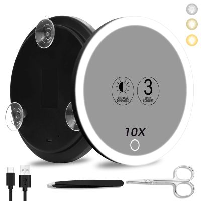 10x Magnifying Mirror with Light, 3 Color Modes Dimming 6'' Lighted 10x Magnified Mirror with 3 Suction Cups, Travel Magnifying Mirror 10x, High Magnification Makeup Mirror with Tweezers & Scissors