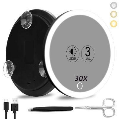 30x Magnifying Mirror with Light, 6inch Lighted 30x Magnified Mirror with 3 Suction Cups, Travel Magnifying Mirror 30x with light, High Magnification Makeup Mirror with Tweezers & Scissors Sets