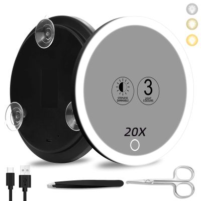 20x Lighted Magnifying Mirror with Suction Cups, Large 6'' Magnified Mirror with Light High Magnification Travel Makeup Mirror, Rechargeable Battery, 3 Colors Dimming Light, with Tweezers &Scissors