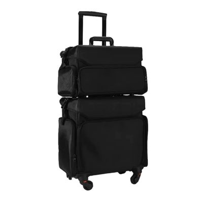 2 In 1 Oxford Cloth Rolling Makeup Case With Wheels Travel Cosmetic Cases Detachable Professional Rolling Trolley Makeup Travel Case Oxford Vanity Portable Makeup Artist Organizer Box Black cosmetic c