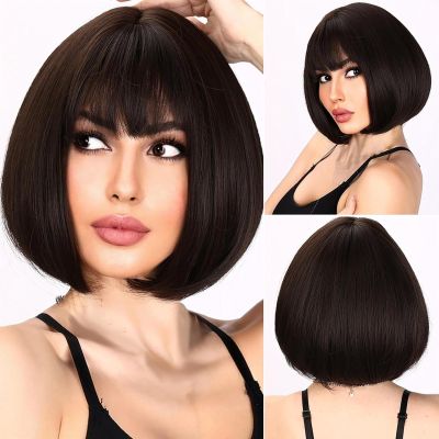 12Inch Short Bob Wigs with Bangs Straight Bob Wigs for Women Synthetic Short Bob Wigs Heat Resistant Fiber Wigs for Daily Party Cosplay(12 Inch)