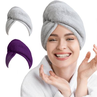 AGLIFEFY 2 Pack Microfiber Hair Towel Wrap for Women Super Absorbent Quick Dry Hair Turban for Drying Curly, Long & Thick Hair 10 inch X 26 inch Lightgrey+Purple