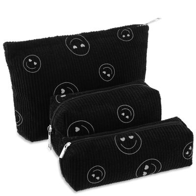 Huhumy 3 Pcs Makeup Bag Set for Women Corduroy Cosmetic Pouch Aesthetic Smile Travel Toiletry Bag Cute Purse Pouch Pencil Case Makeup Brushes Storage Organizer for Christmas(Black,Smile Face)