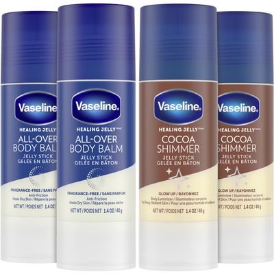 Vaseline Lotion Bundle, Cocoa Shimmer Jelly Stick Highlighter & Luminizer + All Over Body Balm Stick, Vaseline Cocoa Butter, Body Balm Skin Care Set, Petroleum Jelly for Dry Skin (4 Piece Set)