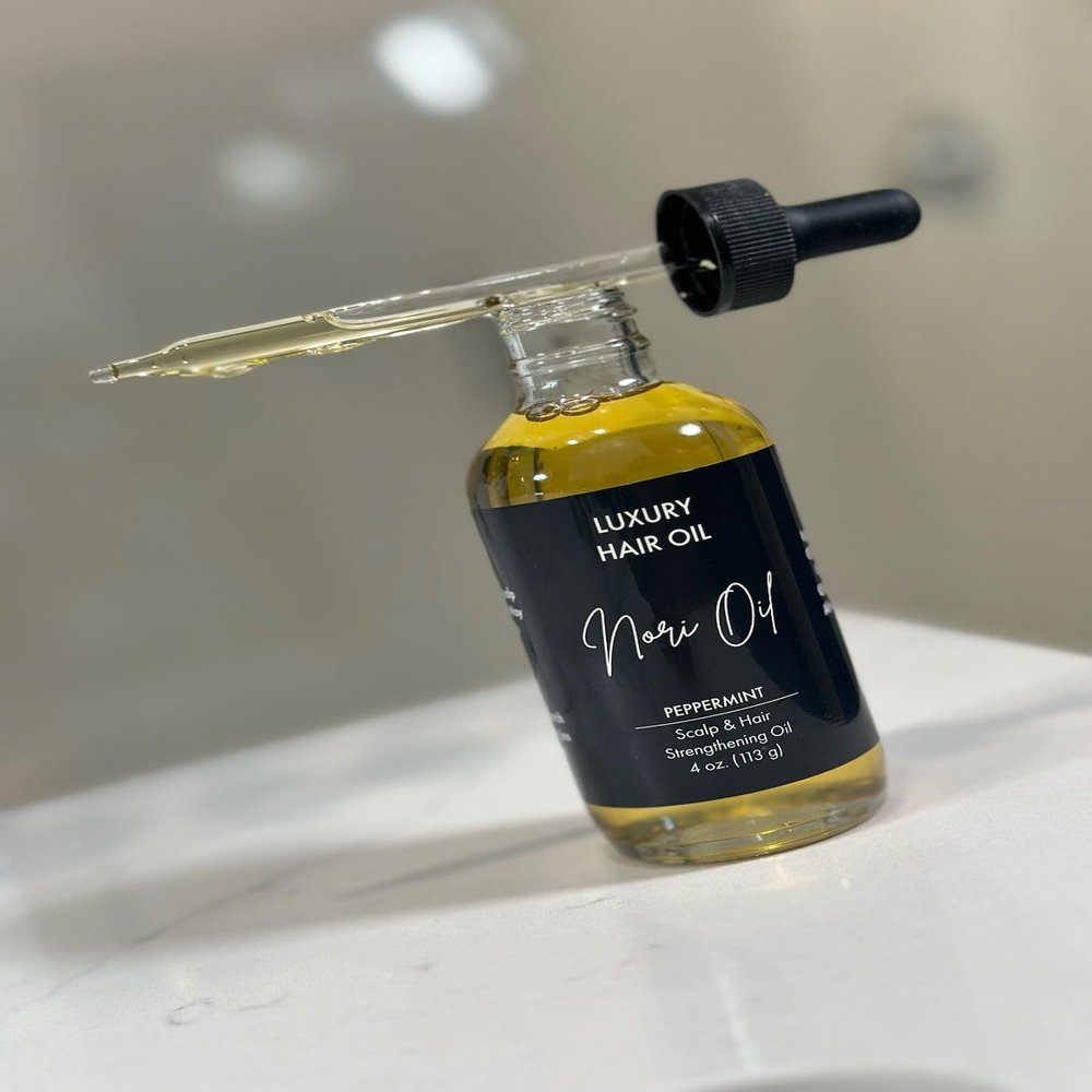 Nori Oil with 8 essential oils- cococut, olive, jamaican castro, jojoba, grapeseed, argan, almond, and peppermint to promote healty hair and scalp, 4 oz