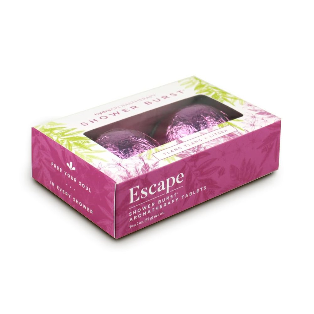 Escape Shower Burst Duo Gift Set with Sachet- Shower Steamers Aromatherapy fizzing Bombs with Essential Oils of ylang ylang & litsea Tablets Made in USA Great Alternative to Bath Bombs for Women Men
