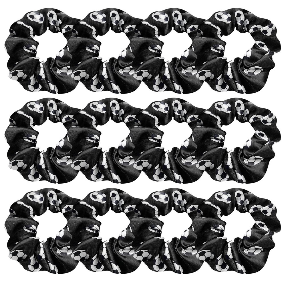12 Pcs Shiny Soccer Hair Scrunchies Cheer Soccer Uniforms Scrunchie School Performance/Sports/Practice/Party/Gymnastics Scrunchie Ponytail Holder Wrist for Girls Cosplay Show (Black)