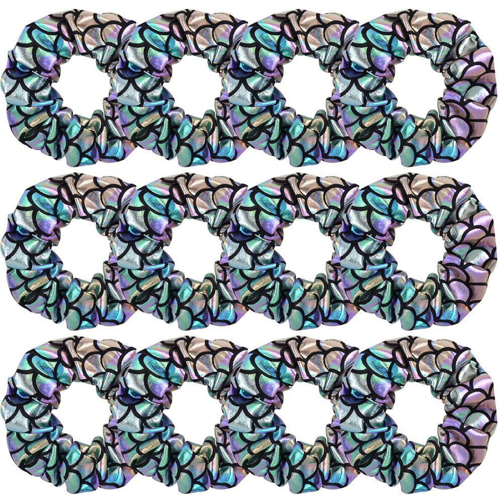 12 Pcs Shiny Mermaid Dance Cheer Hair Scrunchies For Thick Hair School Performance/Sports/Practice/Party/Gymnastics Metallic Scrunchie Ponytail Holder Wrist for Girls Cosplay Show (Black Colour)