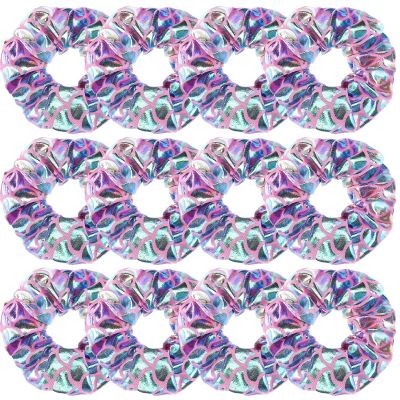 12 Pcs Shiny Mermaid Dance Cheer Hair Scrunchies For Thick Hair School Performance/Sports/Practice/Party/Gymnastics Metallic Scrunchie Ponytail Holder Wrist for Girls Cosplay Show (Pink Colour)