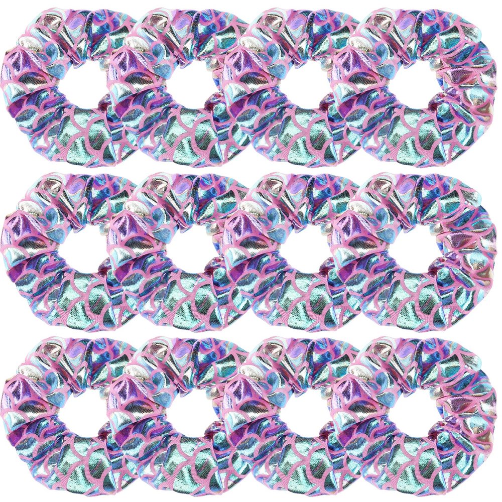 12 Pcs Shiny Mermaid Dance Cheer Hair Scrunchies For Thick Hair School Performance/Sports/Practice/Party/Gymnastics Metallic Scrunchie Ponytail Holder Wrist for Girls Cosplay Show (Pink Colour)