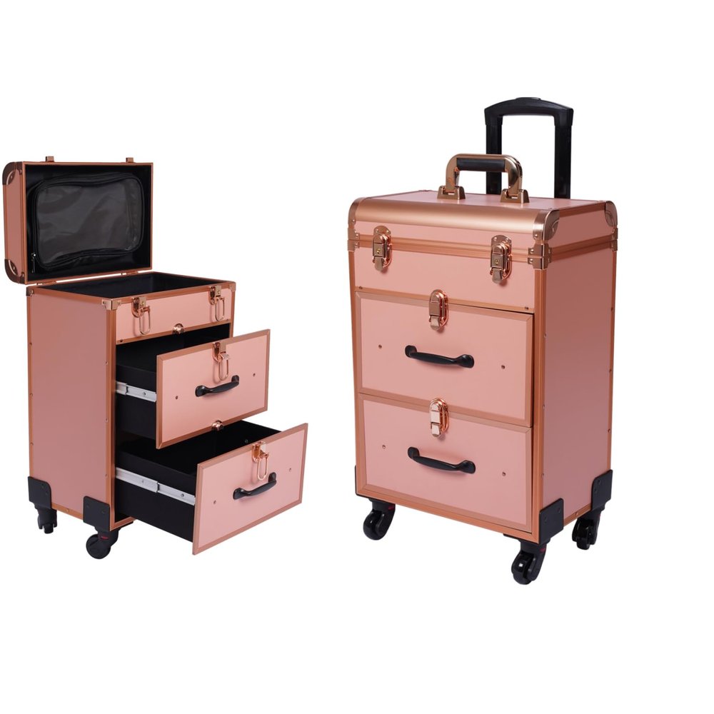 Rolling Makeup Trolley Case with 4 Universal Wheels, Large Cosmetic Trolley with Locks, Make up Bag with dividers, Cosmetics Storage Organizer for On The Go Makeup / Nail Art / Hair Styling (Gold)