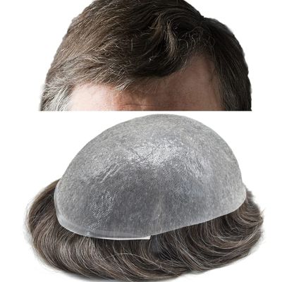 Mens Toupee Hair System For Men 0.06mm Super Thin Skin V-looped Mens Hair Replacement System Natural Hairline Toupee For Men Poly Skin7"X9"#330 Dark Brown with 30%gray hair-100%density