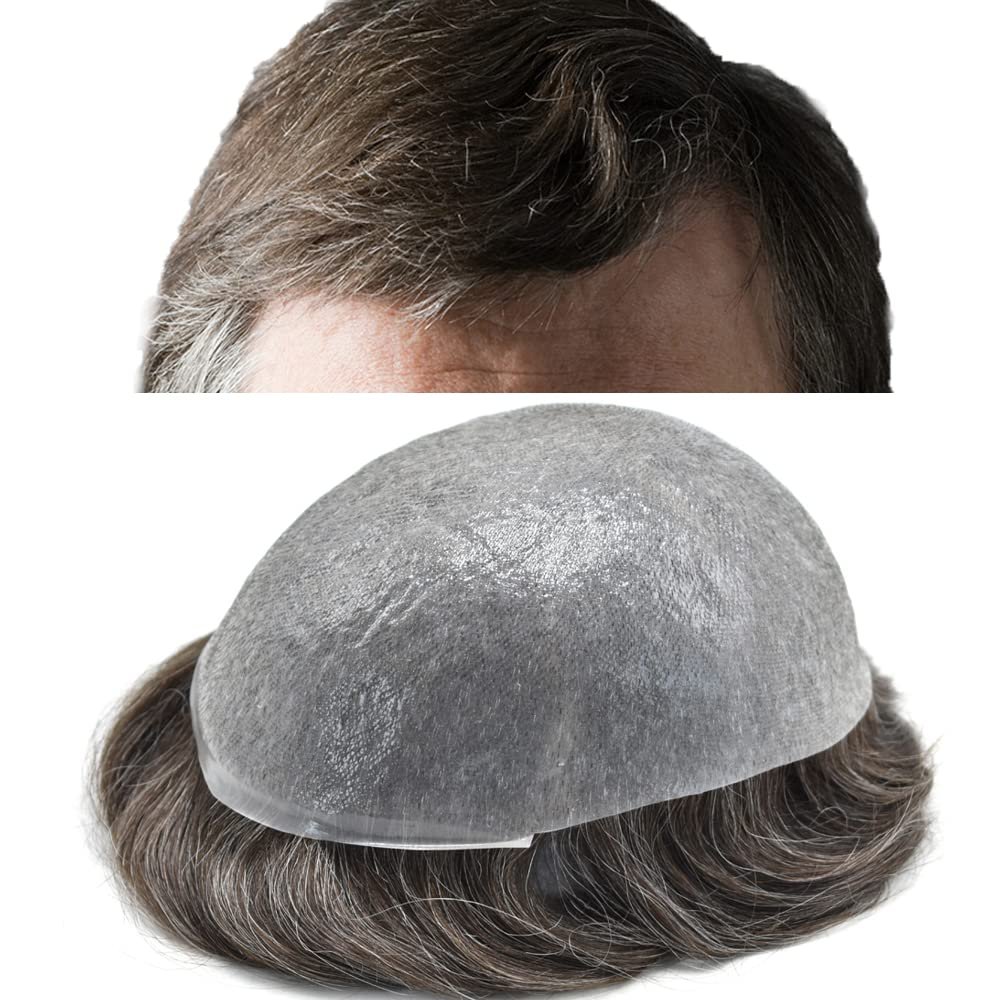 Mens Toupee Hair System For Men 0.06mm Super Thin Skin V-looped Mens Hair Replacement System Natural Hairline Toupee For Men Poly Skin7"X9"#330 Dark Brown with 30%gray hair-100%density