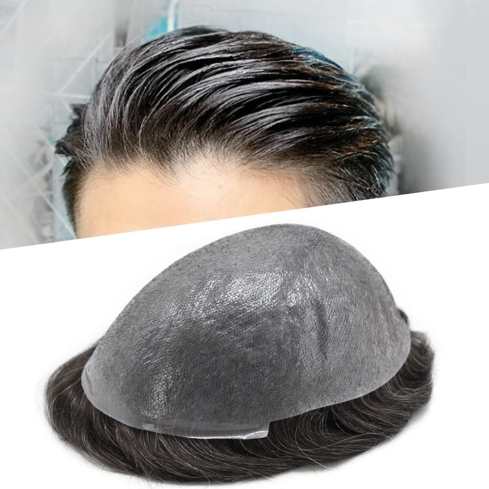 Mens Toupee Hair System For Men 0.06mm Super Thin Skin V-looped Mens Hair Replacement System Natural Hairline Toupee For Men Poly Skin8"X10"#210 Darkest Brown with 10%gray hair-90% Light density