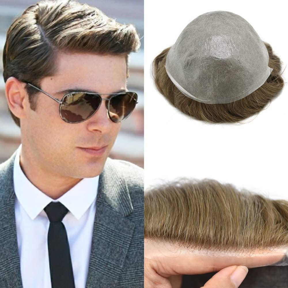 Mens Toupee Hair System For Men 0.06mm Super Thin Skin V-looped Mens Hair Replacement System Natural Hairline Toupee For Men Poly Skin8"X10"#1750 Dark Ash Blonde with 50%gray hair-80% Light density