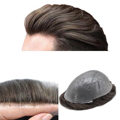 Mens Toupee Hair System For Men 0.06mm Super Thin Skin V-looped Mens Hair Replacement System Natural Hairline Toupee For Men Poly Skin8"X10"#320 Dark Brown with 20%gray hair-90% Light density