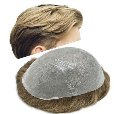 Mens Toupee Hair System For Men 0.06mm Super Thin Skin V-looped Mens Hair Replacement System Natural Hairline Toupee For Men 8"X10"#2010 Light Ash Blonde with 10%gray hair-100% Light To Medium density