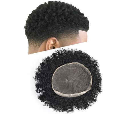 Afro Curl Toupee for Black Men Weave 100% Human Hair Kinky Curly Hair System Replacement Afro 360 Waves Curly Man Hair Units (8mm Afro Wave, #1 Jet Black)