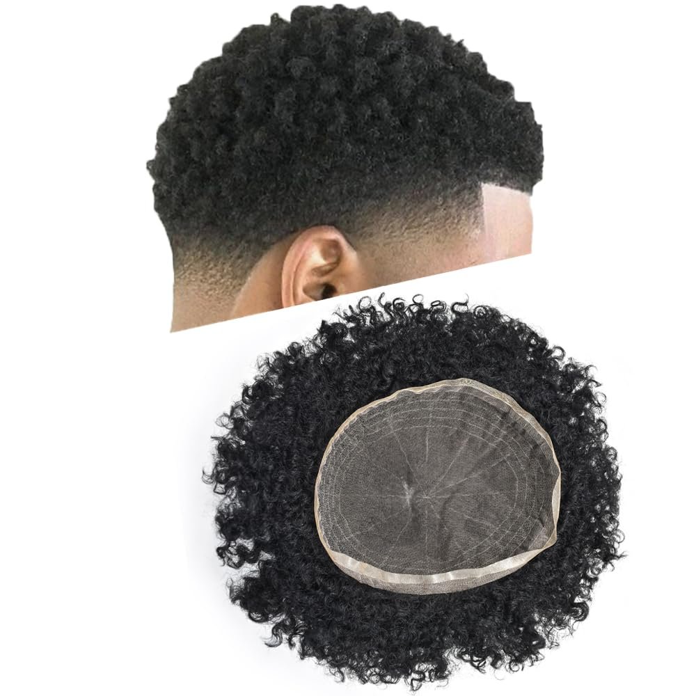 Afro Curl Toupee for Black Men Weave 100% Human Hair Kinky Curly Hair System Replacement Afro 360 Waves Curly Man Hair Units (8mm Afro Wave, #1 Jet Black)