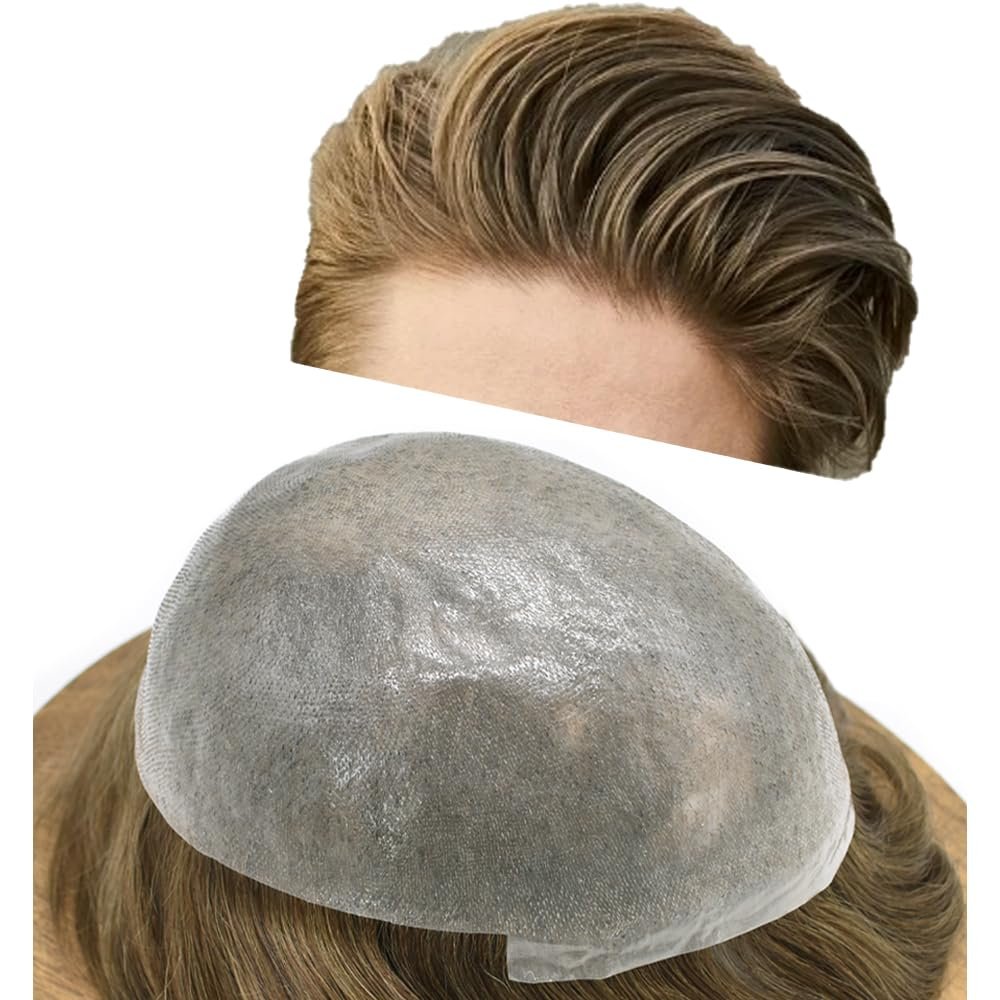 Mens Toupee Hair System For Men 0.06mm Super Thin Skin V-looped Mens Hair Replacement System Natural Hairline Toupee For Men Poly Skin8"X10"#7 Very Light Brown-80% Light density