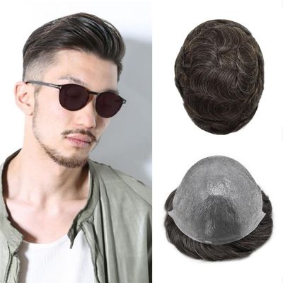 Mens Toupee Hair System For Men 0.06mm Super Thin Skin V-looped Mens Hair Replacement System Natural Hairline Toupee For Men Poly Skin7"X9"#220 Darkest Brown with 20%gray hair-90%density