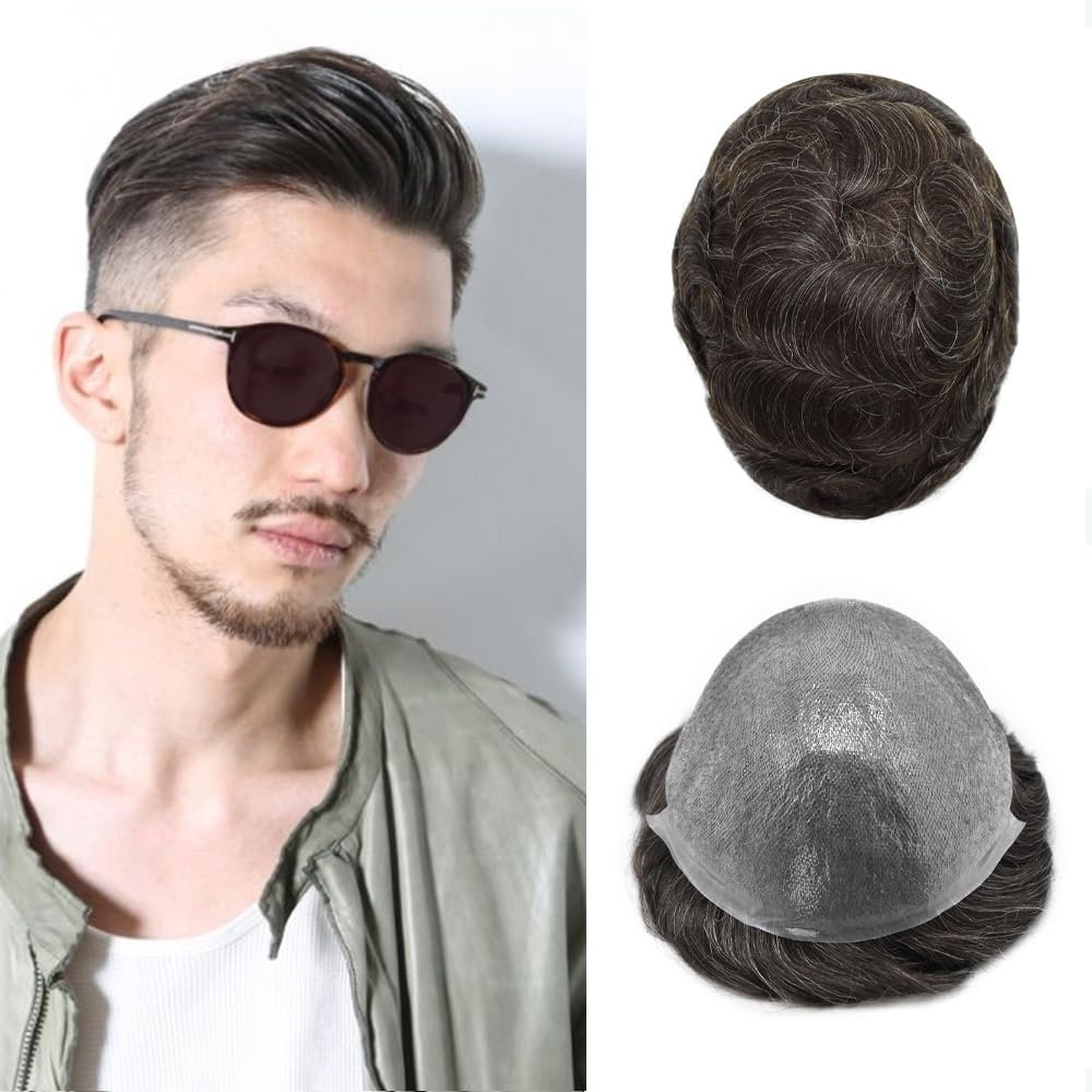 Mens Toupee Hair System For Men 0.06mm Super Thin Skin V-looped Mens Hair Replacement System Natural Hairline Toupee For Men Poly Skin7"X9"#220 Darkest Brown with 20%gray hair-90%density