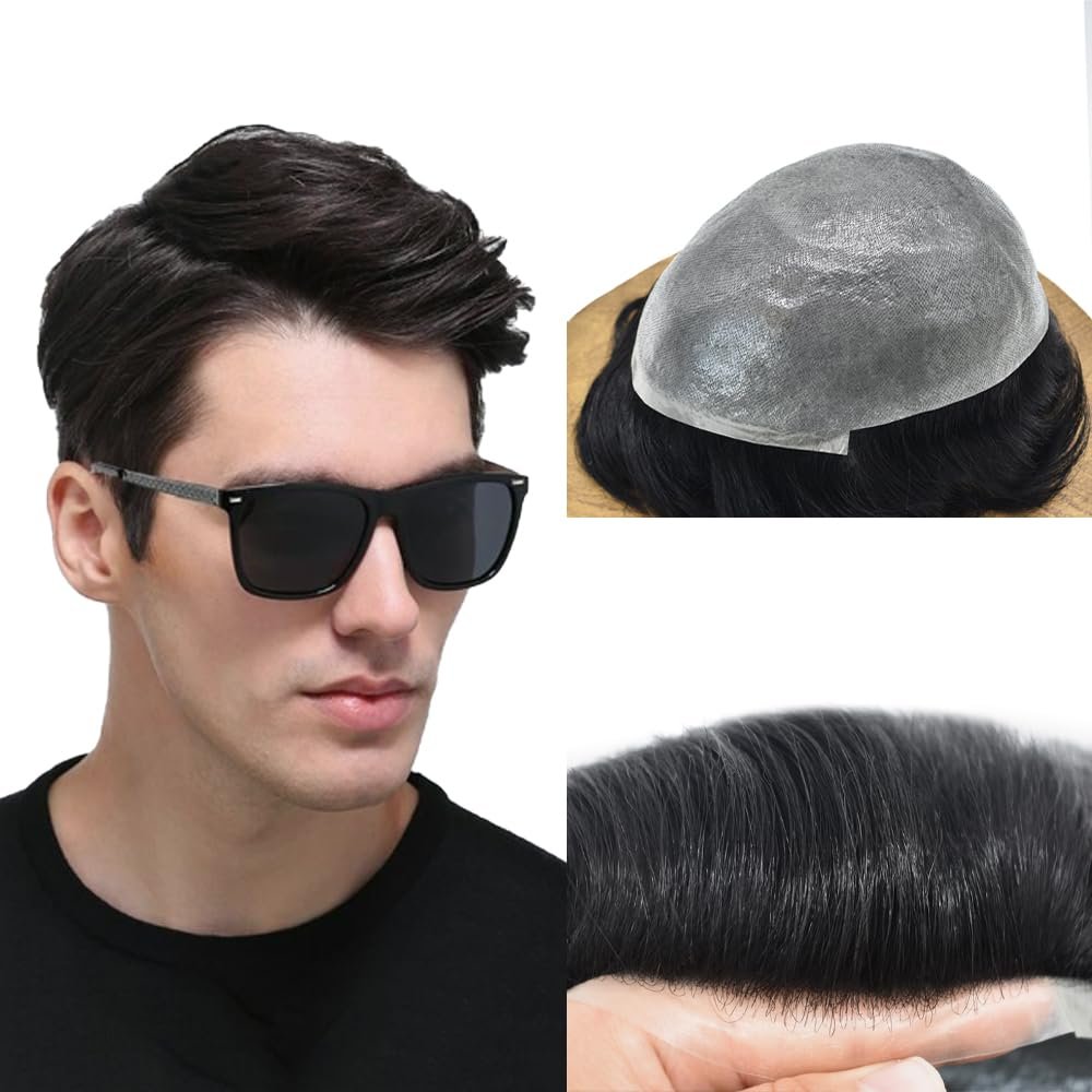 F M FACE MIRACLE NEW YORK Mens Toupee Hair System For Men 0.06mm Super Thin Skin V-looped Mens Hair Replacement System Natural Hairline Toupee For Men Poly Skin8 X10#1B Off Black-100% density