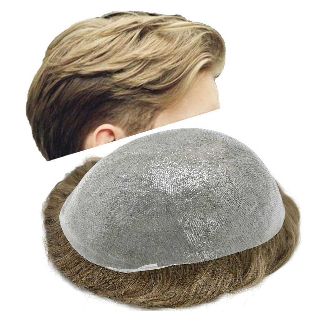 Mens Toupee Hair System For Men 0.06mm Super Thin Skin V-looped Mens Hair Replacement System Natural Hairline Toupee For Men Poly Skin8"X10"#18 Medium Ash Blonde-90% Light density