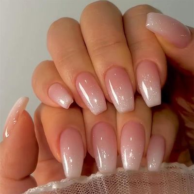 KQueenest Glitter French Pink Press on Nails Medium Short Coffin, Gradient Fake Nails Press ons, Ballerina Glue on Nails With Sparkle Sequins, Luxurious Acrylic Nails False Nails For Women Daily Wear