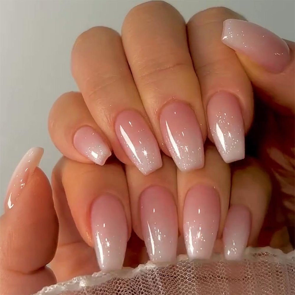 KQueenest Glitter French Pink Press on Nails Medium Short Coffin, Gradient Fake Nails Press ons, Ballerina Glue on Nails With Sparkle Sequins, Luxurious Acrylic Nails False Nails For Women Daily Wear