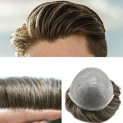 Mens Toupee Hair System For Men 0.06mm Super Thin Skin V-looped Mens Hair Replacement System Natural Hairline Toupee For Men Poly Skin8"X10"#440 Medium Brown with 40%gray hair-90% Light density