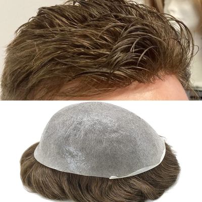 Mens Toupee Hair System For Men 0.06mm Super Thin Skin V-looped Mens Hair Replacement System Natural Hairline Toupee For Men Poly Skin8"X10"#520 Medium Light Brown with 20%gray hair-90% Light density