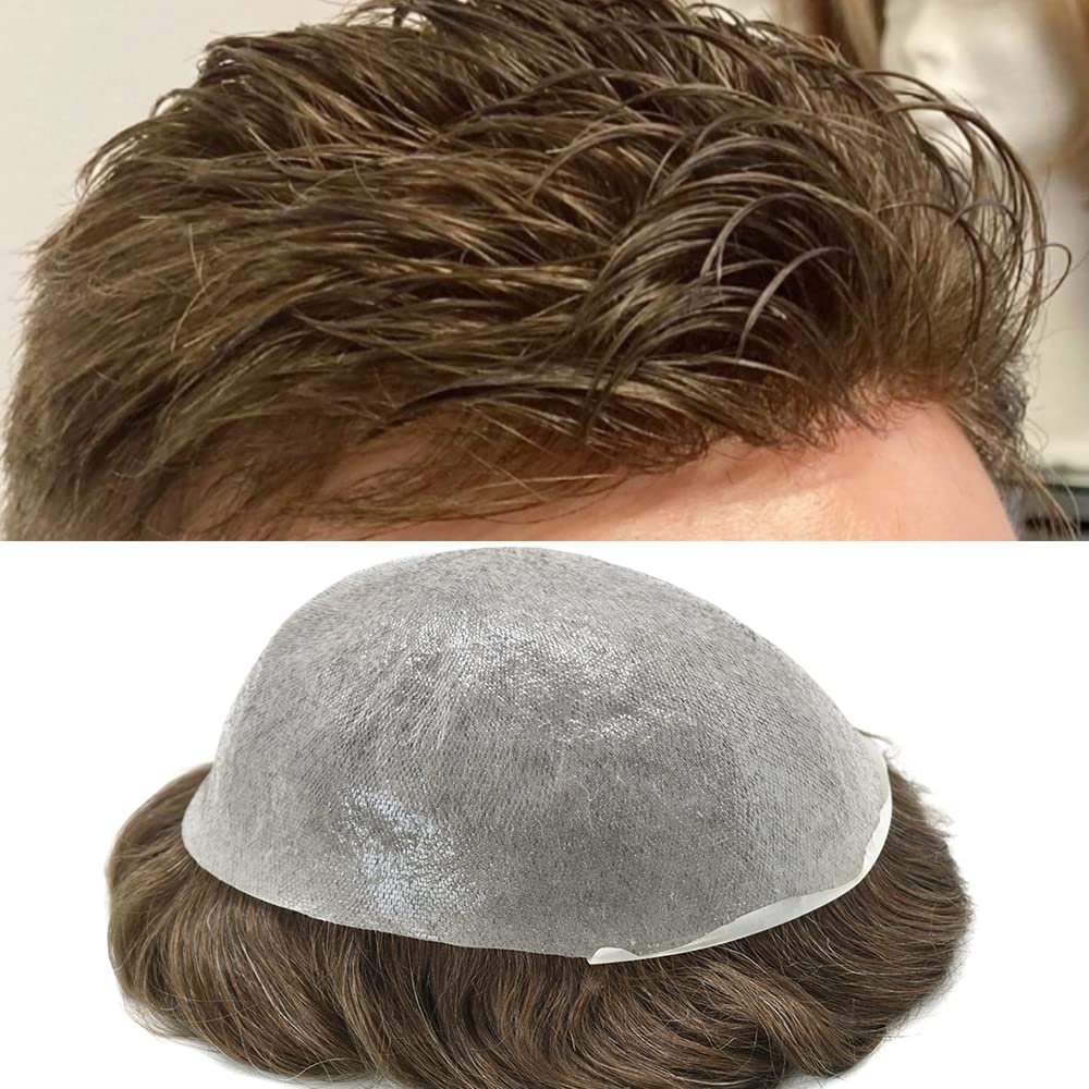 Mens Toupee Hair System For Men 0.06mm Super Thin Skin V-looped Mens Hair Replacement System Natural Hairline Toupee For Men Poly Skin8"X10"#520 Medium Light Brown with 20%gray hair-90% Light density
