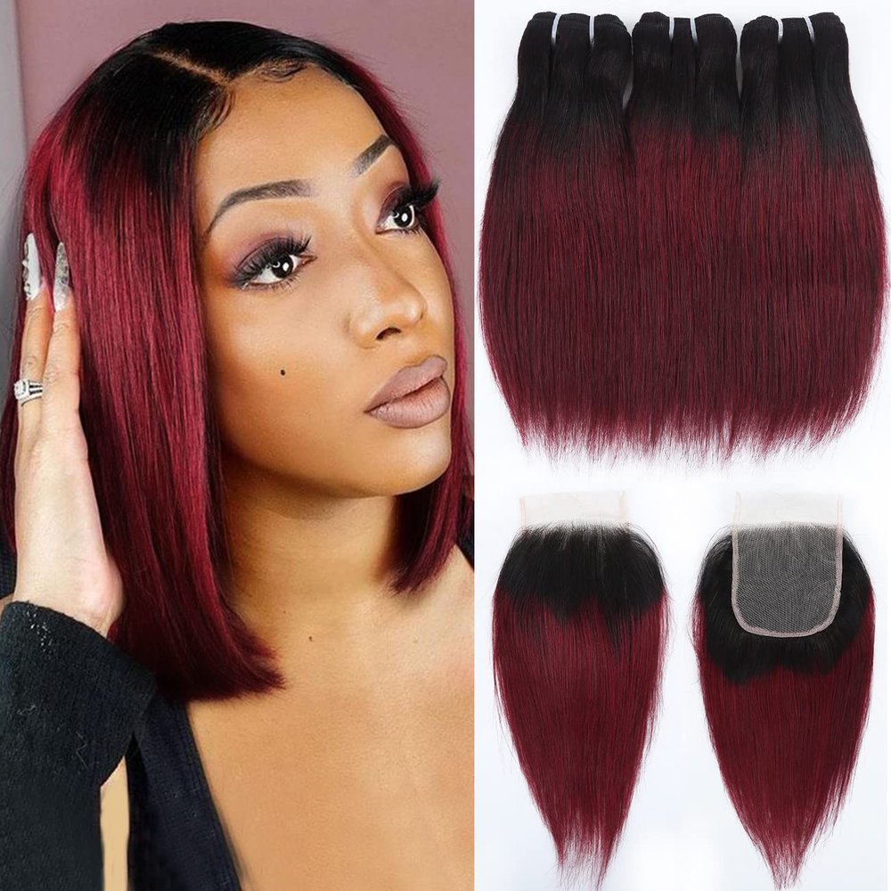 1b/99j Ombre Bundles with Closure(10 10 10+10) Brazilian Straight Human Hair Red Burgundy Short Bob with 4x4 Lace Closure 50g/bundle
