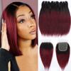 1b/99j Ombre Bundles with Closure(10 10 10+10) Brazilian Straight Human Hair Red Burgundy Short Bob with 4x4 Lace Closure 50g/bundle view 1