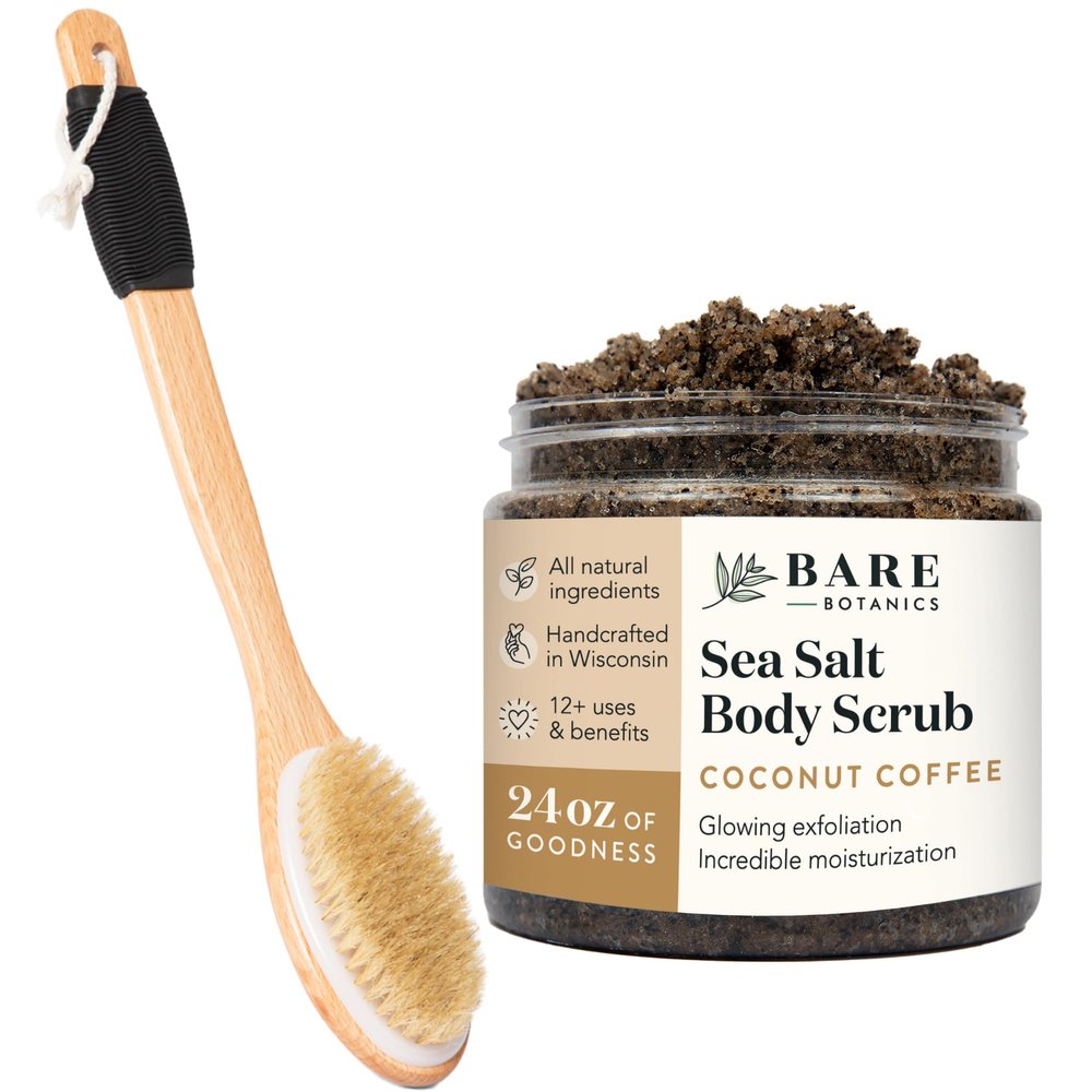 Bare Botanics Long Handle Back Brush + Coconut Coffee Body Salt Scrub