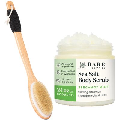 Bare Botanics Long Handle Back Brush + Bergamot Mint Body Salt Scrub