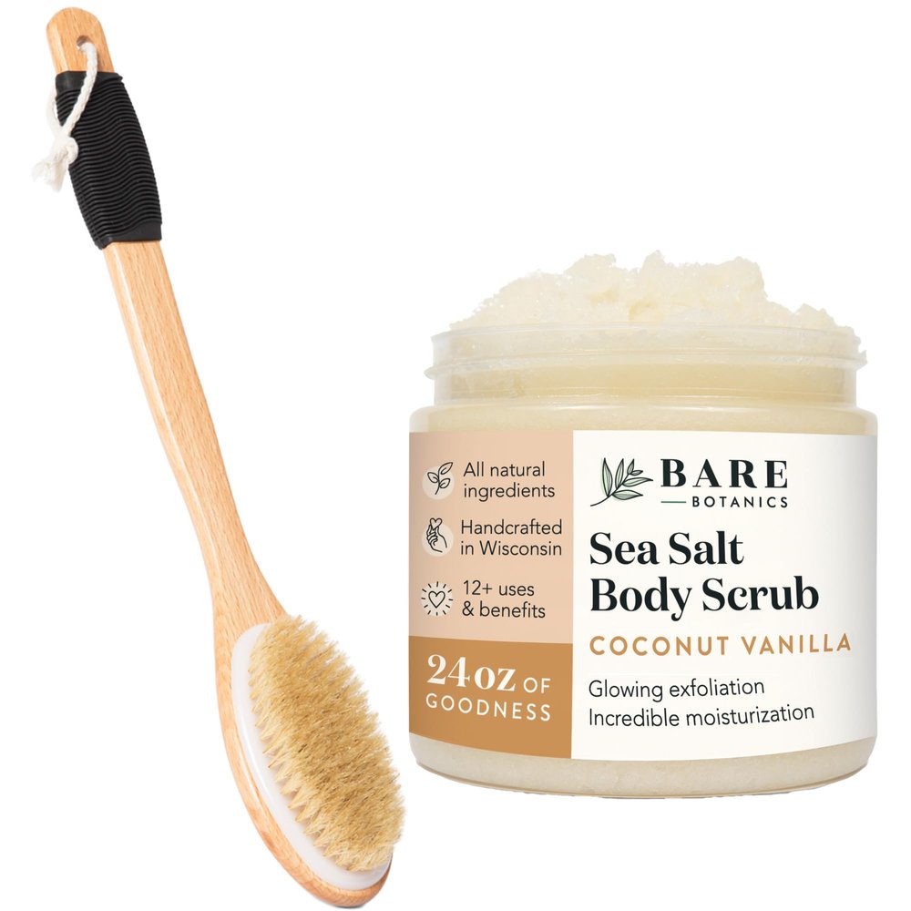 Bare Botanics Long Handle Back Brush + Coconut Vanillla Body Salt Scrub