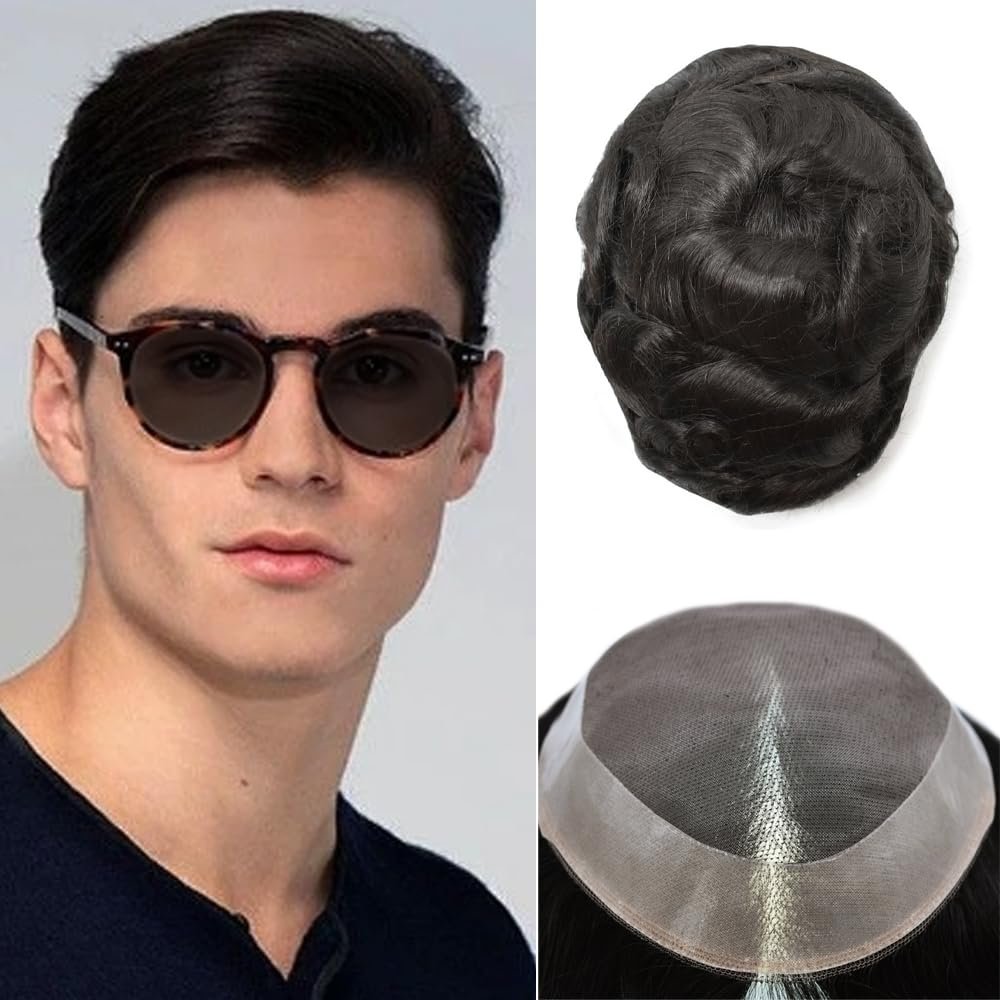 Men Hair Piece Durable Fine Mono Hair System Toupee for Men Real Human Hair Mens Toupee Replacement Systems Men Hairpiece Protesis Capilar Para Hombre1B# OFF BLACK6x8-120% density
