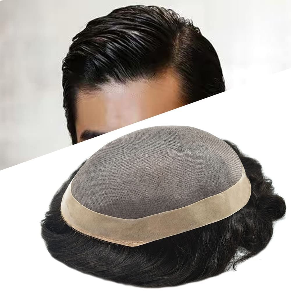 Men Hair Piece Durable Fine Mono Hair System Toupee for Men Real Human Hair Mens Toupee Replacement Systems Men Hairpiece Protesis Capilar Para Hombre1# JET BLACK6x9-120% density