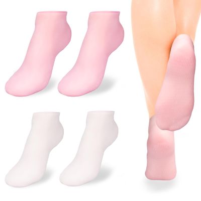 Dexspoeny 2 Pairs Silicone Socks,Latex Gel Socks,Women Foot Spa Pedicure Silicone Socks,Silicones Moisturizing Sock for Dry Cracked Feet Women-Pink & White (Small)