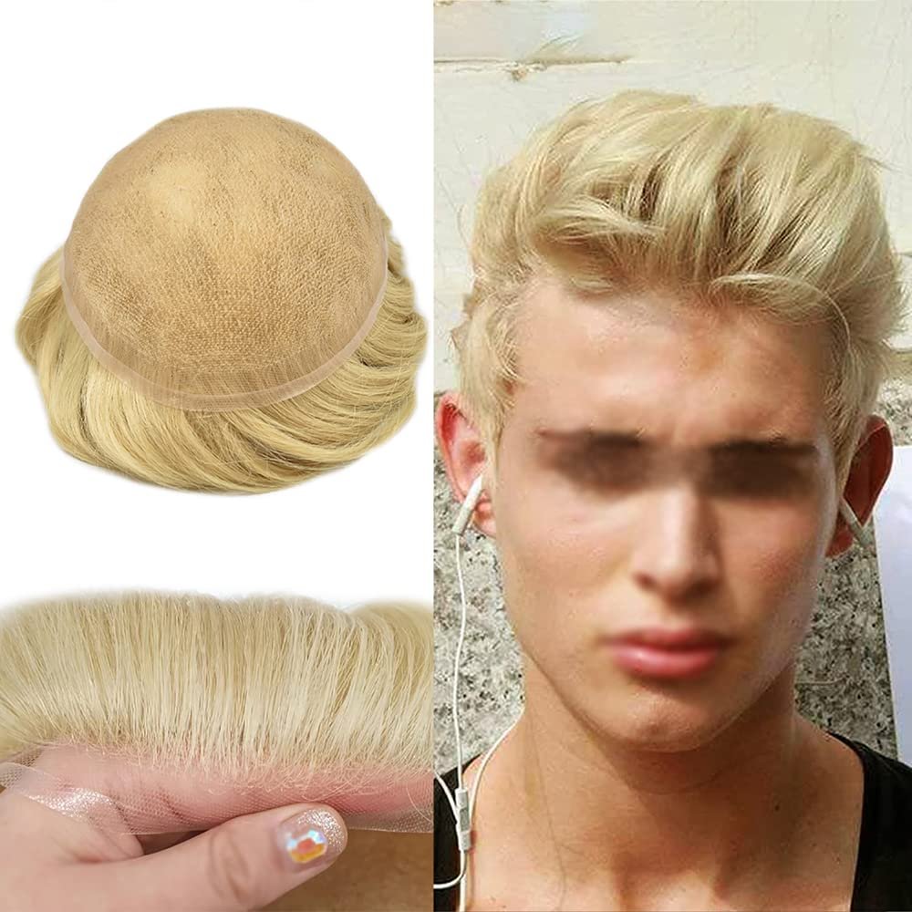 Mens Toupee Hair Replacement System for Men All French Lace Mens Hairpiece Soft Lace and Breathable Full Lace Hair Unit Human Hair Toupee For Men 7"X9"#22R Light Blonde-100% Density