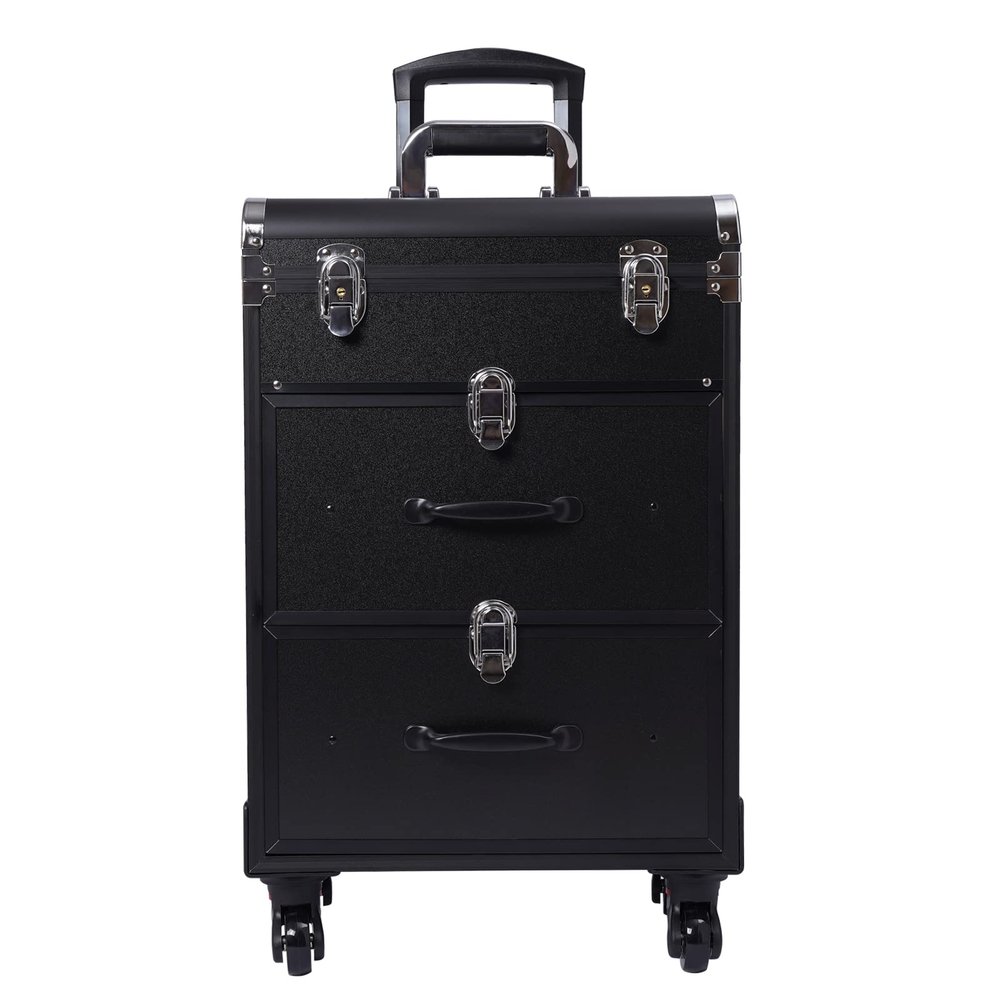 Rolling Makeup Case, Large Cosmetic Trolley w/ Locks, Makeup Bag w/ Dividers, Makeup Rolling Cosmetic Organizer Makeup Traveling Case Makeup Trolley, Cosmetics Storage Organizer Make up Case (Black)