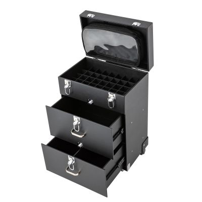 DDBESSIC Makeup Train Case Large, Travel Makeup Organizer Storage Box on Wheels 3 Tier Rolling Professional Cosmetic Trolley with 4 Locking Salon Barber Carrying Case