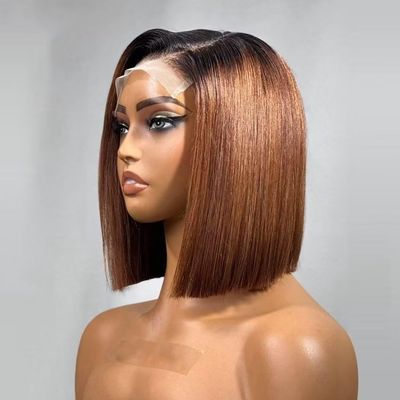 oulaer Ombre 1B30 Color Lace Front Wig Human Hair 13X6 Invisible Lace Front Wig Pre Plucked Straight Short Bob Wig Brazilian Remy Hair Glueless Wig 150% Density Bleached Knots 10Inch