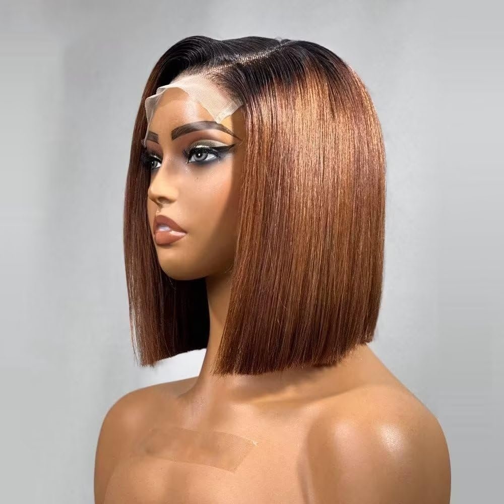 oulaer Ombre 1B30 Color Lace Front Wig Human Hair 13X6 Invisible Lace Front Wig Pre Plucked Straight Short Bob Wig Brazilian Remy Hair Glueless Wig 150% Density Bleached Knots 10Inch